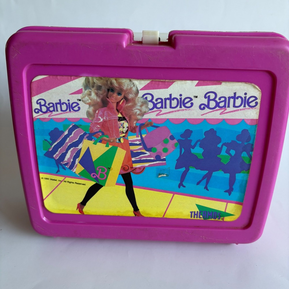 Vintage 1990 Barbie Thermos Pink Plastic Lunch Box Shopping Graphic Made in USA